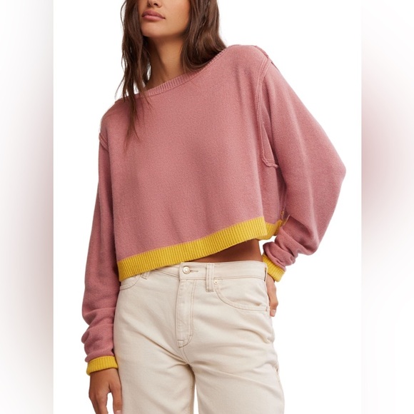 WE THE FREE - Free People Into the Blue Stripe Crop Sweater Rose Blush Combo - Picture 1 of 7